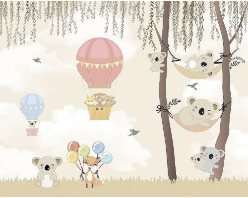 Фреска детская Ortograf Для самых маленьких 33733 Фактура флок FLK Флизелин (3,4x2,7) Бежевый/Разноцветный, Животные/Воздушные шары