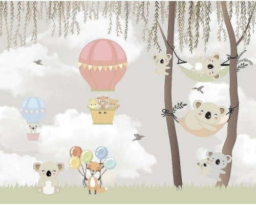 Фреска детская Ortograf Для самых маленьких 33734 Фактура флок FLK Флизелин (3,4x2,7) Серый/Разноцветный, Животные/Воздушные шары