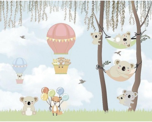 Фреска детская Ortograf Для самых маленьких 33735 Фактура флок FLK Флизелин (3,4x2,7) Голубой/Разноцветный, Животные/Воздушные шары