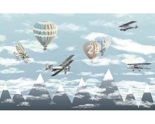 Фреска детская Ortograf Для самых маленьких 33715 Фактура флок FLK Флизелин (4,3x2,7) Голубой, Воздушные шары/Самолеты