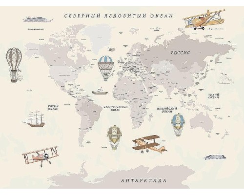 Фреска детская Ortograf Для самых маленьких 33717 Фактура флок FLK Флизелин (3,6x2,7) Бежевый/Серый, Карты/Самолеты