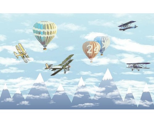 Фреска детская Ortograf Для самых маленьких 33716 Фактура флок FLK Флизелин (4,3x2,7) Голубой, Воздушные шары/Самолеты