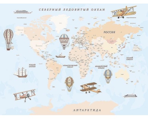 Фреска детская Ortograf Для самых маленьких 33718 Фактура флок FLK Флизелин (3,6x2,7) Голубой/Бежевый, Карты/Самолеты