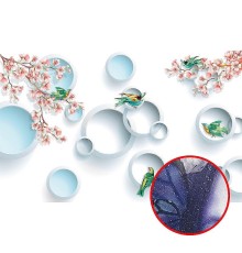 Фреска Ortograf 3D 30739 Фактура бархат серебро FX-S Флизелин (4,3x2,7) Белый/Розовый/Голубой, Цветы/Птицы/Абстракция