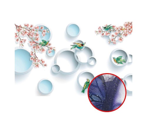 Фреска Ortograf 3D 30739 Фактура бархат серебро FX-S Флизелин (4,3x2,7) Белый/Розовый/Голубой, Цветы/Птицы/Абстракция