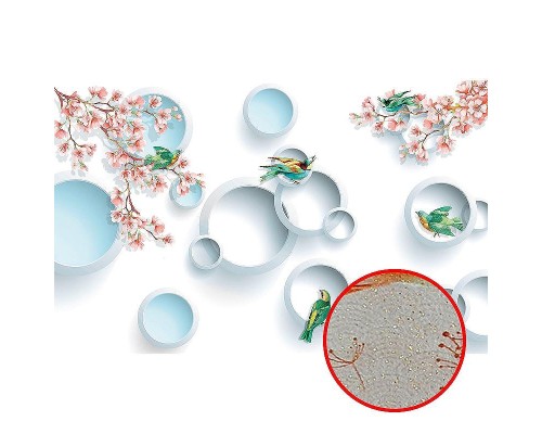 Фреска Ortograf 3D 30739 Фактура бархат золото FX-G Флизелин (4,3x2,7) Белый/Розовый/Голубой, Цветы/Птицы/Абстракция