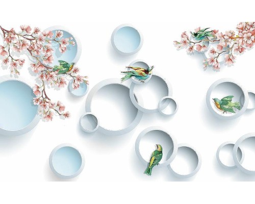 Фреска Ortograf 3D 30739 Фактура бархат золото FX-G Флизелин (4,3x2,7) Белый/Розовый/Голубой, Цветы/Птицы/Абстракция