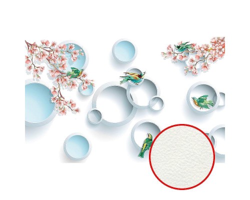 Фреска Ortograf 3D 30739 Фактура флок FLK Флизелин (4,3x2,7) Белый/Розовый/Голубой, Цветы/Птицы/Абстракция