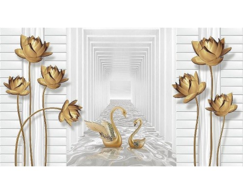 Фреска Ortograf 3D 21070 Фактура бархат золото FX-G Флизелин (4,7x2,7) Белый/Золото, Цветы/Птицы/Абстракция