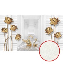 Фреска Ortograf 3D 21070 Фактура флок FLK Флизелин (4,7x2,7) Белый/Золото, Цветы/Птицы/Абстракция