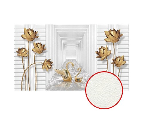 Фреска Ortograf 3D 21070 Фактура флок FLK Флизелин (4,7x2,7) Белый/Золото, Цветы/Птицы/Абстракция
