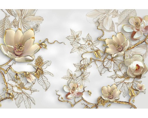 Фреска Ortograf 3D 33078 Фактура бархат FX Флизелин (4x2,7) Белый/Золото, Цветы/Абстракция