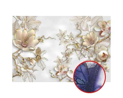 Фреска Ortograf 3D 33078 Фактура бархат серебро FX-S Флизелин (4x2,7) Белый/Золото, Цветы/Абстракция