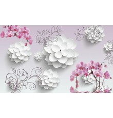 Фреска Ortograf 3D 33082 Фактура флок FLK Флизелин (4,5x2,7) Сиреневый/Белый/Розовый, Цветы/Абстракция
