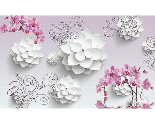 Фреска Ortograf 3D 33082 Фактура флок FLK Флизелин (4,5x2,7) Сиреневый/Белый/Розовый, Цветы/Абстракция