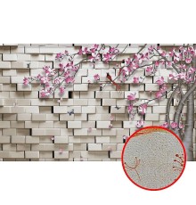 Фреска Ortograf 3D 33125 Фактура бархат золото FX-G Флизелин (4,5x2,7) Белый/Розовый, Кирпич/Деревья/Цветы