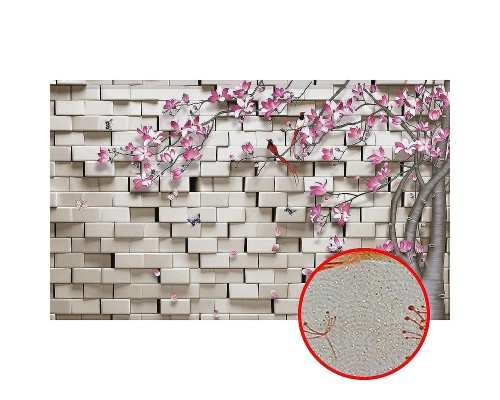 Фреска Ortograf 3D 33125 Фактура бархат золото FX-G Флизелин (4,5x2,7) Белый/Розовый, Кирпич/Деревья/Цветы