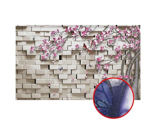 Фреска Ortograf 3D 33125 Фактура бархат серебро FX-S Флизелин (4,5x2,7) Белый/Розовый, Кирпич/Деревья/Цветы