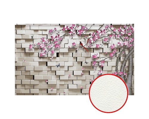 Фреска Ortograf 3D 33125 Фактура флок FLK Флизелин (4,5x2,7) Белый/Розовый, Кирпич/Деревья/Цветы