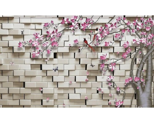 Фреска Ortograf 3D 33125 Фактура флок FLK Флизелин (4,5x2,7) Белый/Розовый, Кирпич/Деревья/Цветы