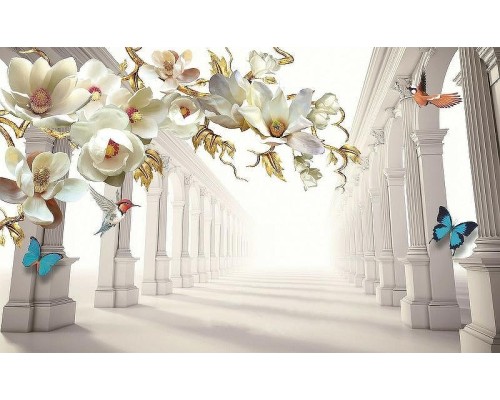 Фреска Ortograf 3D 33126 Фактура бархат серебро FX-S Флизелин (4,4x2,7) Белый, Архитектура/Цветы/Бабочки