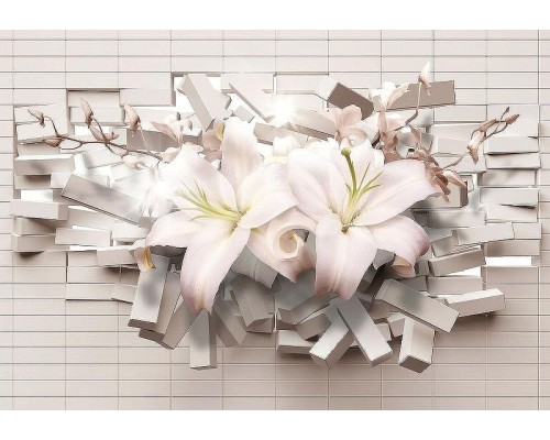 Фреска Ortograf 3D 33208 Фактура флок FLK Флизелин (3,9x2,7) Белый/Розовый, Кирпич/Цветы/Абстракция