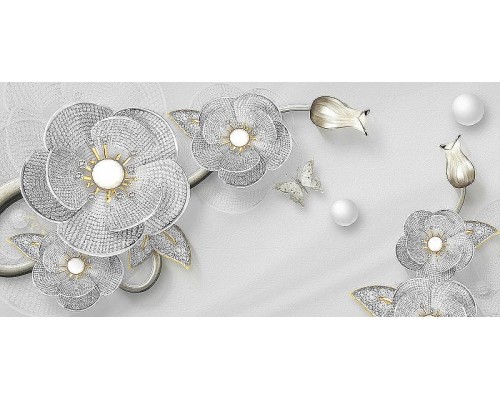 Фреска Ortograf 3D 33487 Фактура бархат золото FX-G Флизелин (5,3x2,5) Серый/Серебряный, Цветы/Абстракция