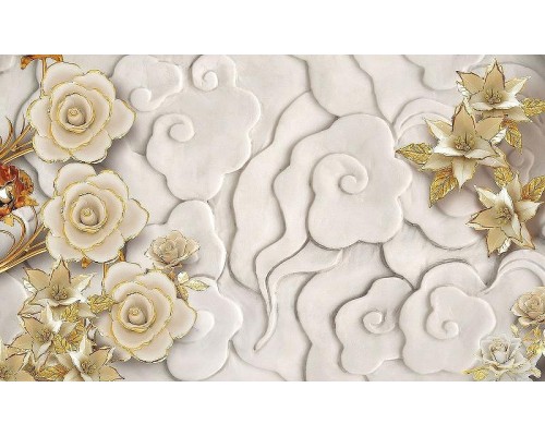 Фреска Ortograf 3D 30737 Фактура флок FLK Флизелин (4,5x2,7) Бежевый/Золото, Цветы/Абстракция