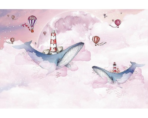 Фреска детская Ortograf Сказочная страна 34140 Фактура флок FLK Флизелин (4x2,7) Розовый, Воздушные шары/Животные/Облака