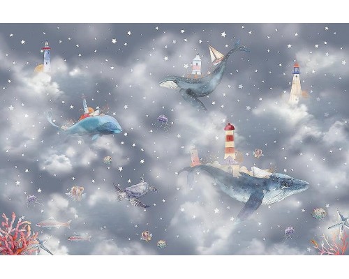 Фреска детская Ortograf Сказочная страна 34141 Фактура бархат FX Флизелин (4,5x3) Серый, Животные/Облака