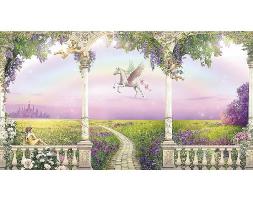 Фреска детская Ortograf Сказочная страна 33301 Фактура флок FLK Флизелин (4,9x2,7) Зеленый/Розовый, Животные/Пейзаж