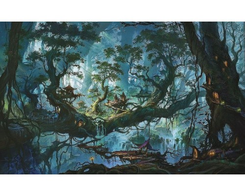 Фреска детская Ortograf Сказочная страна 5316 Фактура бархат FX Флизелин (3,2x2) Зеленый, Домики/Деревья