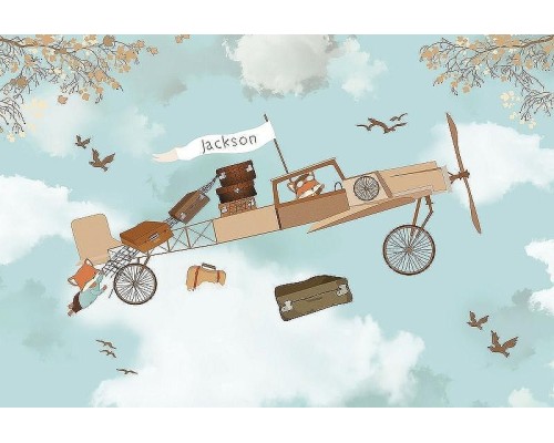 Фреска детская Ortograf Для малышей 30123 Фактура флок FLK Флизелин (4x2,7) Бирюзовый/Бежевый, Самолеты/Животные