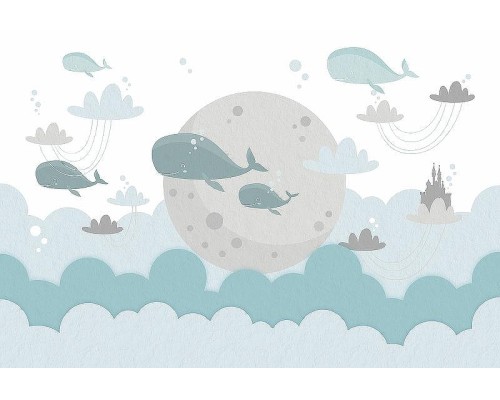 Фреска детская Ortograf Для малышей 33510 Фактура флок FLK Флизелин (4x2,7) Бирюзовый/Серый, Облака/Рыбы