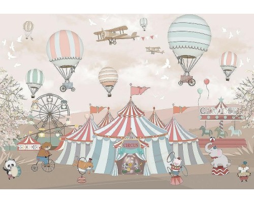 Фреска детская Ortograf Для малышей 6770 Фактура флок FLK Флизелин (4x2,7) Бежевый/Розовый/Зеленый, Животные/Воздушные шары/Мультимедия