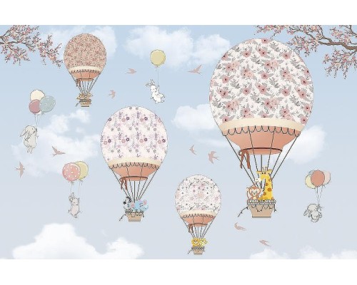 Фреска детская Ortograf Для малышей 33837 Фактура бархат FX Флизелин (4,1x2,7) Голубой/Розовый, Животные/Воздушные шары