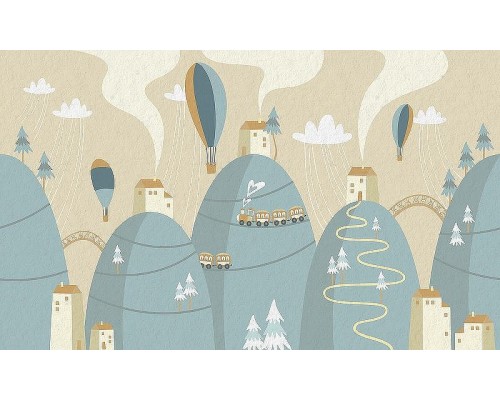 Фреска детская Ortograf Для малышей 33511 Фактура бархат FX Флизелин (4,5x2,7) Бирюзовый/Бежевый, Горы/Воздушные шары/Домики