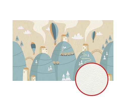 Фреска детская Ortograf Для малышей 33511 Фактура флок FLK Флизелин (4,5x2,7) Бирюзовый/Бежевый, Горы/Воздушные шары/Домики