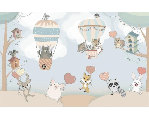 Фреска детская Ortograf Для малышей 6763 Фактура флок FLK Флизелин (4,3x2,7) Голубой/Разноцветный, Животные/Воздушные шары