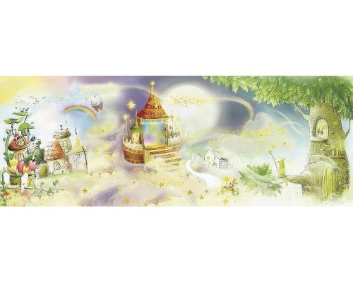 Фреска детская Ortograf Для малышей 4384 Фактура бархат FX Флизелин (7,3x2,7) Зеленый/Желтый/Сиреневый, Деревья/Домики