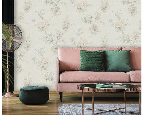 Обои Zambaiti Parati Satin Flowers IV Z66857 Винил на флизелине (0,53x10,05) Бежевый/Розовый/Голубой, Цветы