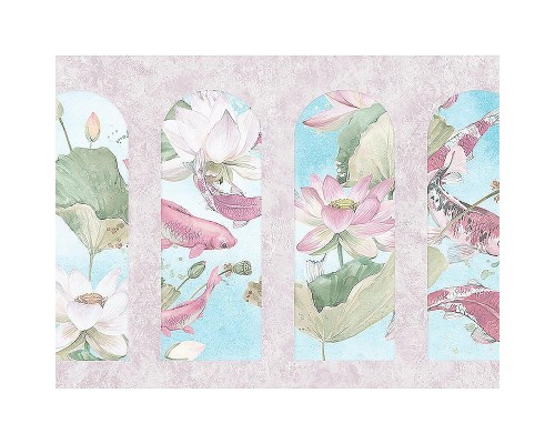 Панно Zambaiti Parati Satin Flowers IV Z66869 Винил на флизелине (3x5,1) Розовый/Голубой/Зеленый, Цветы/Рыбы/Штукатурка