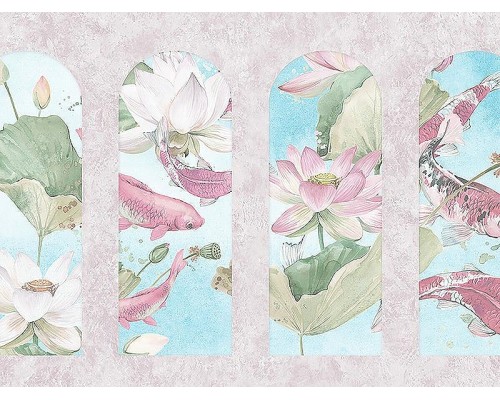 Панно Zambaiti Parati Satin Flowers IV Z66869 Винил на флизелине (3x5,1) Розовый/Голубой/Зеленый, Цветы/Рыбы/Штукатурка