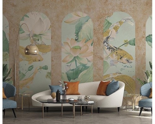 Панно Zambaiti Parati Satin Flowers IV Z66869 Винил на флизелине (3x5,1) Розовый/Голубой/Зеленый, Цветы/Рыбы/Штукатурка