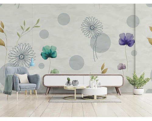 Панно Zambaiti Parati Satin Flowers IV Z66885 Винил на флизелине (3x5,1) Серый/Зеленый/Фиолетовый, Круги/Листья/Цветы