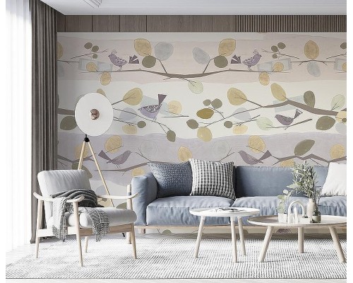 Панно Zambaiti Parati Satin Flowers IV Z66891 Винил на флизелине (3x5,1) Желтый/Сиреневый/Коричневый, Листья/Птицы