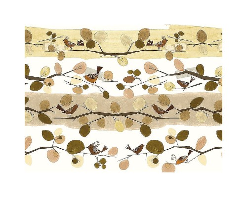 Панно Zambaiti Parati Satin Flowers IV Z66892 Винил на флизелине (3x5,1) Желтый/Бежевый/Белый/Коричневый, Листья/Птицы