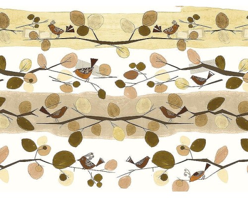 Панно Zambaiti Parati Satin Flowers IV Z66892 Винил на флизелине (3x5,1) Желтый/Бежевый/Белый/Коричневый, Листья/Птицы