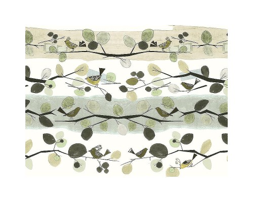 Панно Zambaiti Parati Satin Flowers IV Z66893 Винил на флизелине (3x5,1) Бежевый/Белый/Зеленый, Листья/Птицы