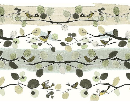 Панно Zambaiti Parati Satin Flowers IV Z66893 Винил на флизелине (3x5,1) Бежевый/Белый/Зеленый, Листья/Птицы